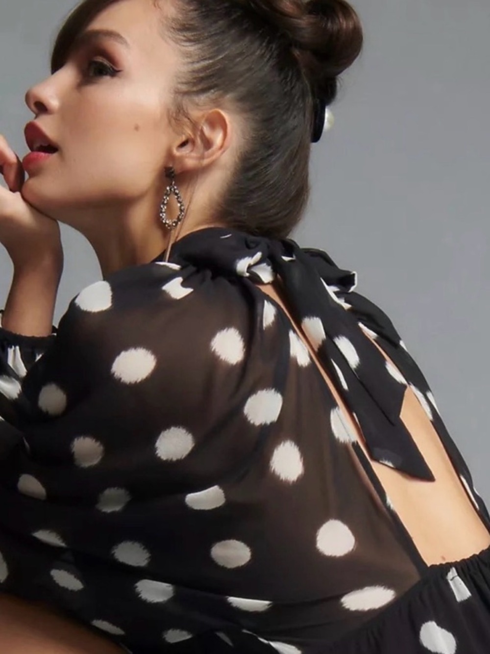 Maeve by Anthropologie Black White Knee Length Polka Dot Bow Tie Up Dress (XS) - Picture 6 of 7
